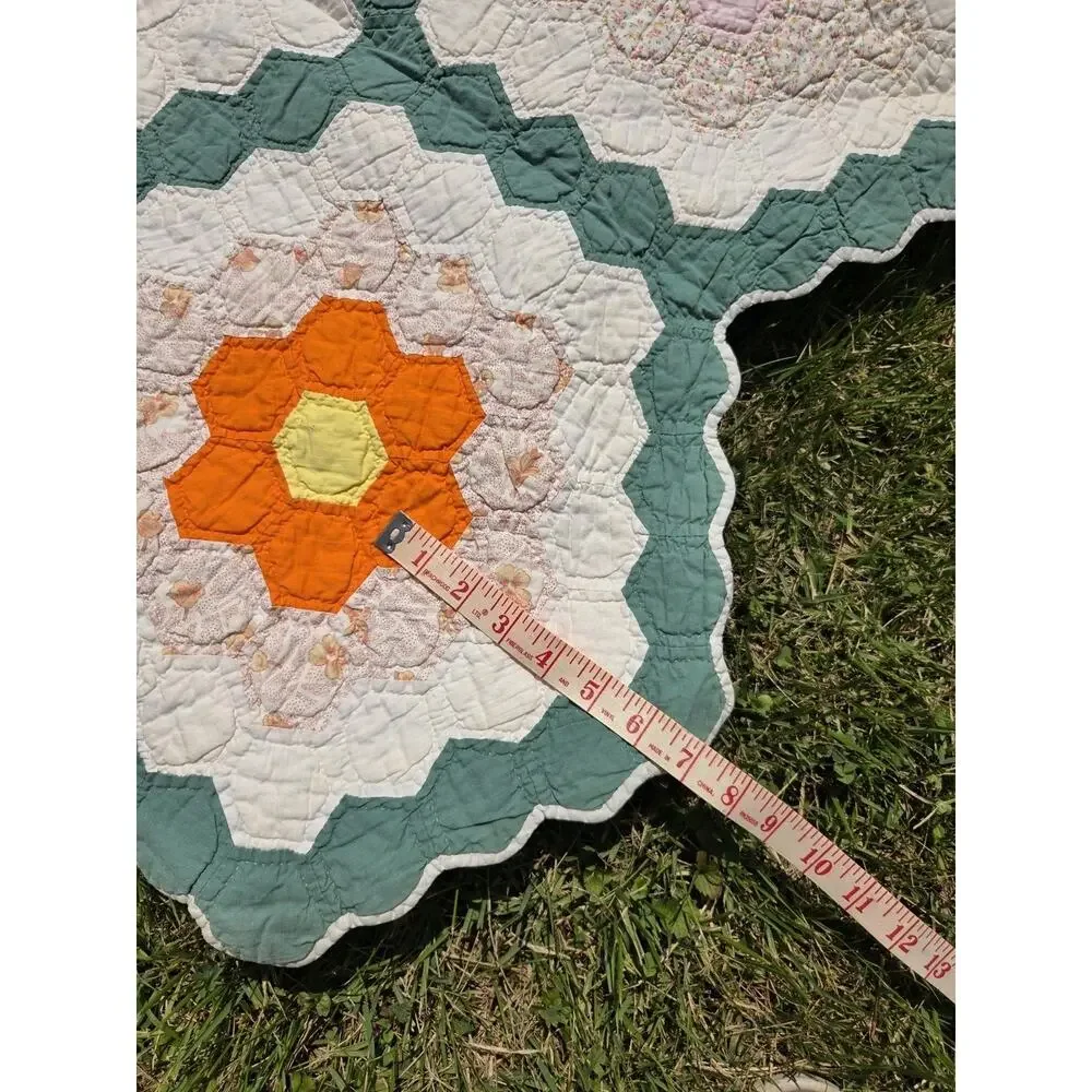 STUNNER Vintage Patchwork Grandmas Flower Garden Quilt Unique Fabrics 87